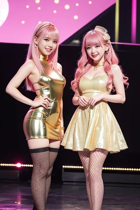 2 girls、female idol、smiling face、Full body Esbian、sheer latex champagne gold tight mini dress (champagne gold)、Fishnet tights、pink hair (pink)