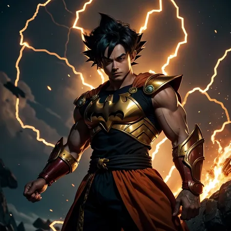 Goku, the legendary Saiyan warrior, dons an unexpected ensemble – the Batman suit embellished with red gold armor. With his muscular build and fierce determination unchanged, this fusion of iconic characters promises an intriguing juxtaposition. The dark s...