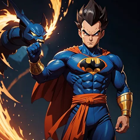 Vegeta, the legendary Saiyan warrior, dons an unexpected ensemble – the Batman suit embellished with blue gold armor. With his muscular build and fierce determination unchanged, this fusion of iconic characters promises an intriguing juxtaposition. The dar...