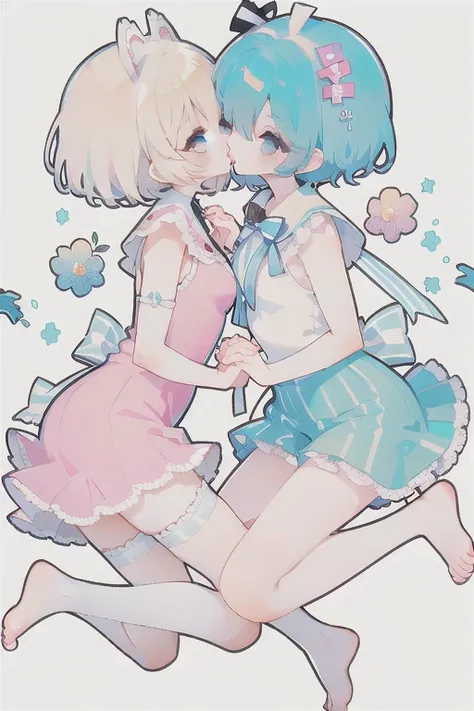 Two girls ram and rem，(2girls:1.1)，(holding hands:1.1)，（kiss on the lips:1.1），Ejaculate，Lots of Semen，Whole body，loli，Apply the milky white liquid that comes out of your breasts to your face，Too cute，sweet，shy，Transparent pink garter stockings，whole body，b...