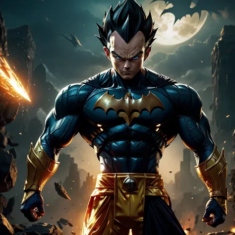 Vegeta, the legendary Saiyan warrior, dons an unexpected ensemble – the Batman suit embellished with golden armor. With his muscular build and fierce determination unchanged, this fusion of iconic characters promises an intriguing juxtaposition. The dark s...