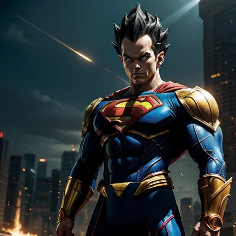 Vegeta, the legendary Saiyan warrior, dons an unexpected ensemble – the Superman suit embellished with golden armor. With his muscular build and fierce determination unchanged, this fusion of iconic characters promises an intriguing juxtaposition. The dark...