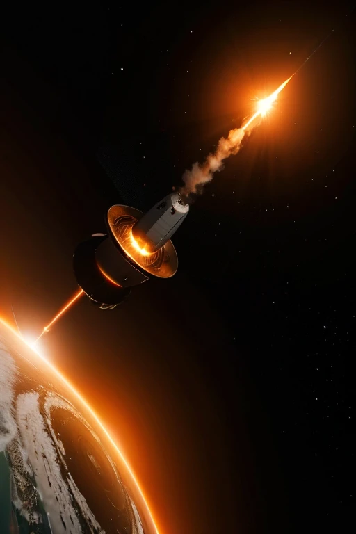 A rocket aproaching a blackhole that has orange light and has the Bitcoin logo in the center of the blackhole