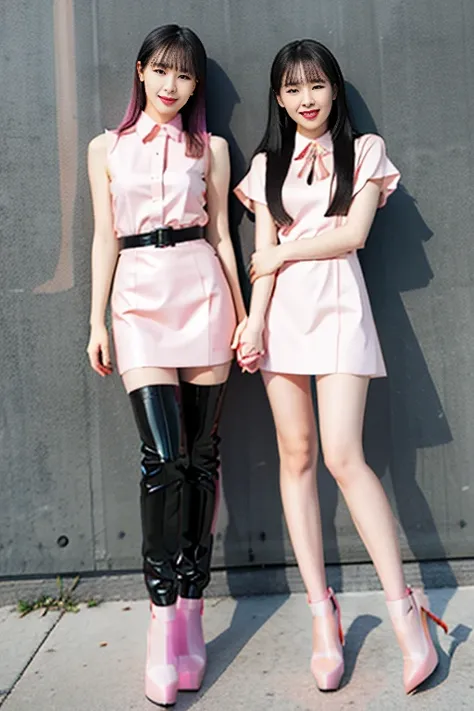 2 girls、female idol、smiling face、Full body Esbian、glossy black latex tight mini dress (black)、glossy black latexhigh heel overknees (black)、pink hair (pink:2)