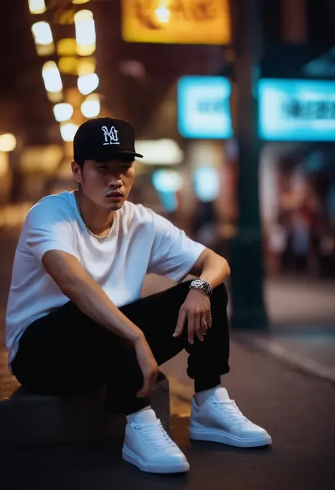 90’s rap scene, 1man, asian, wearing black baseball cap and  white shirt, baggy and sneakers on the street, neon background