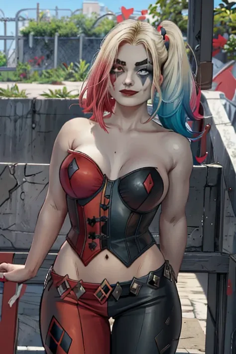 (obra de arte, melhor qualidade:1.2),   Harley Quinn (renascimento), 1 garota, Sozinho, twintails, shorts,, cabelo loiro, cabelo multicolorido, luvas, inventar, seios, fingerless luvas, umbigo, olhos azuis, barriga, batom, cabelo rosa, , decote, cabelo gra...