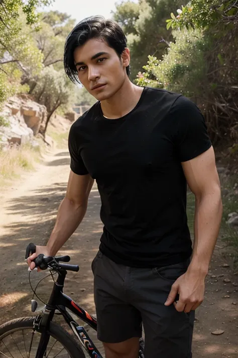 man with fair skin and short black hair aged 25 on a trail