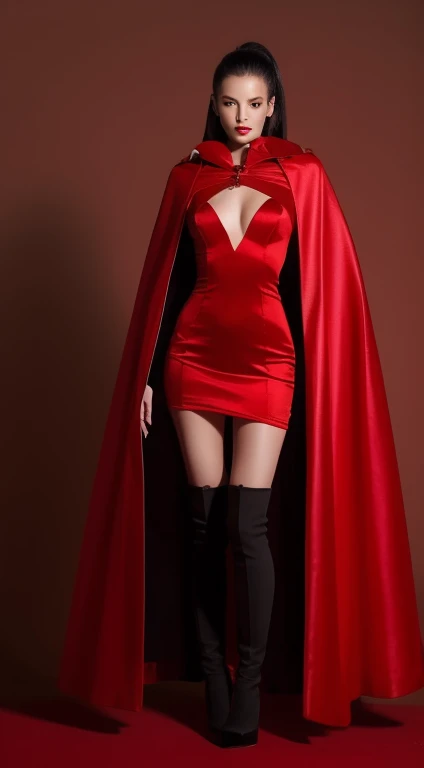 in room,asian beauty,be realistic,red silk short dress,A super long and wide black satin vampire cloak that wraps around the body,cape,with a red satin bat style collar that reaches to the top of the head,Black thighhigh boots with stiletto heels, standing...