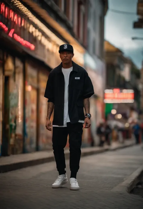 90’s rap scene, 1man, Malaysian, wearing black baseball cap and  white shirt, baggy and sneakers on the street, neon background