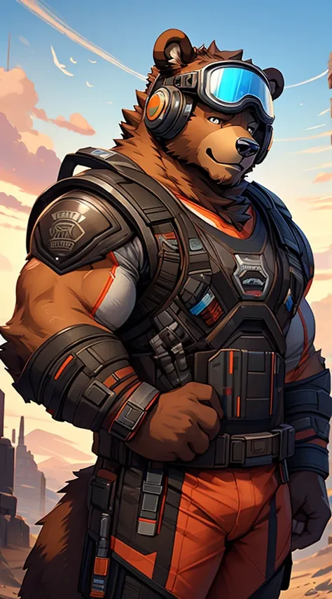 Anthro furry bear inside a helmet and goggles, muscular, stout, heavy, warm expression, in the style of hyper-realistic sci-fi, richly colored skies, zbrush, charming characters, alan bean, dotted, realistic portrait painter