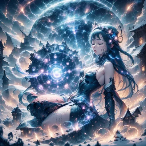 Masterpiece,bestquality,flat colour,night, 2girl,wearing elaborate magical suit,sexy suit,perfect face,perfect body,full body,closed eyes,BREAK,looking each other,face to face,talking,look focus,BREAK,magic circle on the ground, with thunder,thunder arroun...