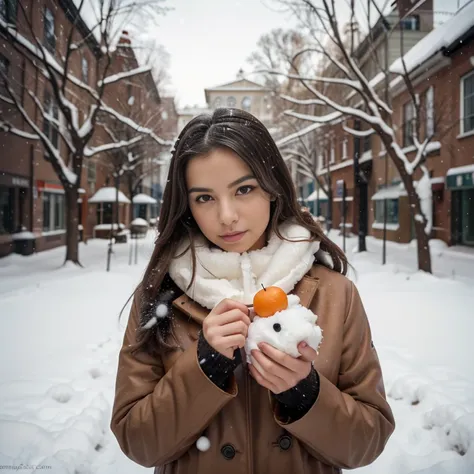 A brunette in a fur coat with a Dalmatian, a professional photo session, in the hands of a grid with tangerines, USSR, snowman, its snowing