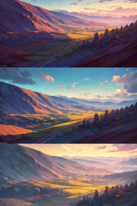 The prompt for the landscape painting with a winding road in the foreground, cartoon countryside scenery, beautiful cartoon scenes, cartoon backgrounds, serene and peaceful cartoon scenes, cinematic cartoon backgrounds, beautiful cartoon scenes, cartoon la...