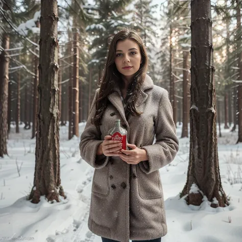 Brunette in the winter forest, spruce bouquet in her hands, in a fur coat, ssr, its snowing,Russian vodka in a package