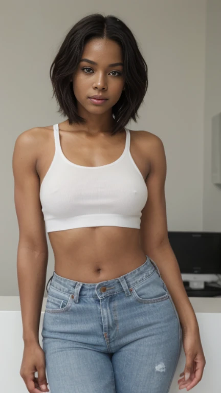 Jovem menina african, Wearing a white tank top with a large neckline and jeans, Sentada em um banco, ebony skin, corpo fitness, bela garota,  Slim body, cabelo grande, Menina alta, cabelos ondulado, Sfw seios grandes:1.5,