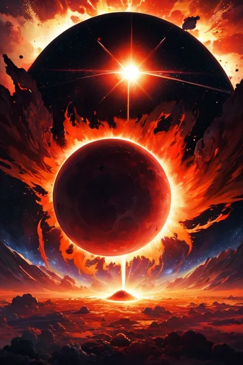 (highres:1.2),explosive sky, surreal nuclear eclipse explosion, red asteroid explosion, apocalyptic nuclear weapon, powerful explosion, soul emerging from a portal, supernova explosion, Akira-like explosion, explosive sound in the background, background ex...