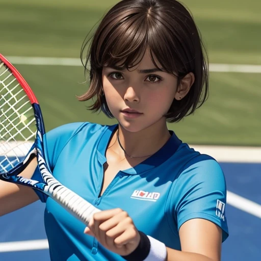 1girl, solo, short hair, bangs, brown hair, holding, brown eyes, upper body, short sleeves, copyright name, sportswear, logo, tennis uniform, racket, tennis racket