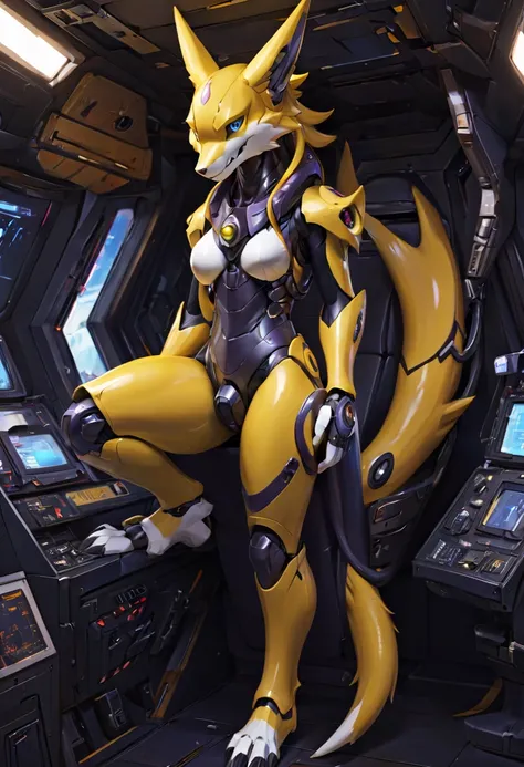 4K，real，realistic，near future，NSFW，Renamon and the giant battle mecha，The pilot is inside a giant battle mech.，Pilot details(full body concept art，Renamon is the pilot，Height: 160cm，The pilot is in front of a giant battle mech.，The pilot wears a Renamon-ty...