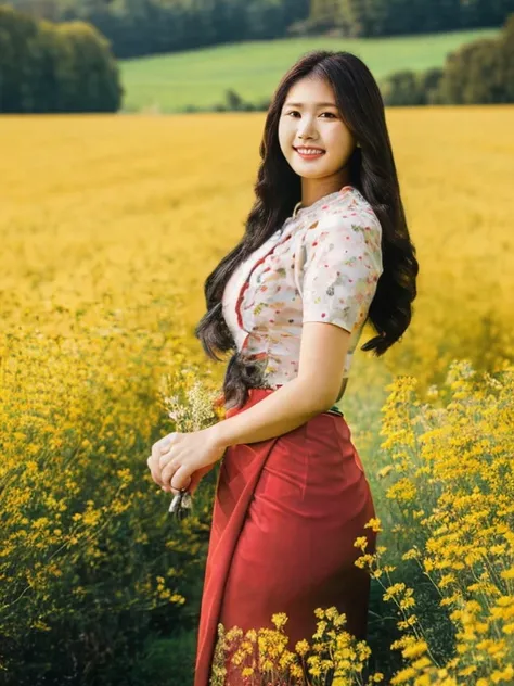 A lady wearing traditional Burmese dress red color with flowers spots, standing in a field with tall, dry grain around her. She is smiling, adding a sense of joy and warmth to the scene. The field appears to be a harvested one, with the grain standing tall...