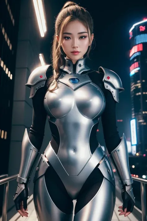 ((best quality)), ((masterpiece)), (detailed), perfect face
18-year-old Asian woman kawaii face perfect figure, cheeky face, double pony hairstyle, Blond brown hair, Full lips open slightly, blue eyes drowsy, reflective body, Dressed in cyber silver armor,...