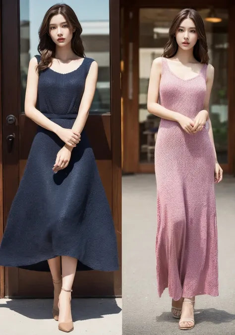 Multiway Knitted Dresses、A woman with the same face as last time(misaki)，４Ｋ、１people&#39;s women、slender、 Loose wavy styling 、seductive and attractive、full body shot,Including face and skin texture，detailed eyes、a seductive look