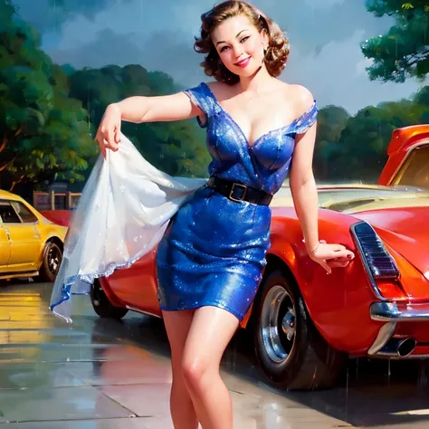 nsfw, photorealistic, beautiful face, (masterpiece:1.4), (best quality:1.4), extremely detailed, hyper-detailed, soft lighting, 38 years old very wet pin-up woman standing in the rain at a red retro car,  big breasts, hard nipples, short long messy hair, h...