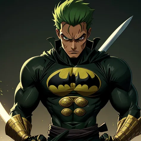 An incredibly detailed portrayal of Zoro from One Piece donning the iconic Batman suit, complete with a sleek, dark green armor. The depiction captures Zoro in an ultra-realistic fashion, showcasing his muscular physique and unwavering determination. The i...