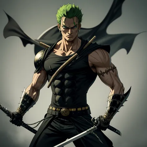 An incredibly detailed portrayal of Zoro from One Piece donning the iconic Batman suit, complete with a sleek, dark gold armor. The depiction captures Zoro in an ultra-realistic fashion, showcasing his muscular physique and unwavering determination. The in...