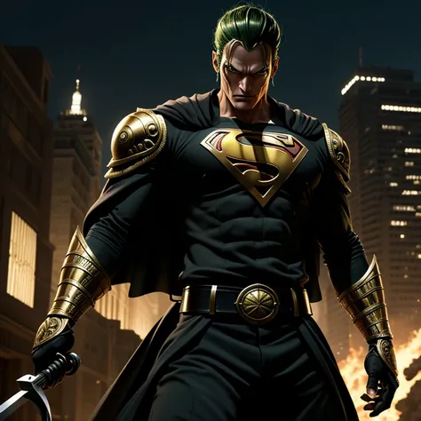 An incredibly detailed portrayal of Zoro from One Piece donning the iconic Superman suit, complete with a sleek, dark gold armor. The depiction captures Zoro in an ultra-realistic fashion, showcasing his muscular physique and unwavering determination. The ...