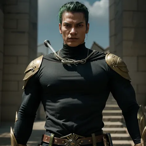 An incredibly detailed portrayal of Zoro from One Piece donning the iconic Superman suit, complete with a sleek, dark gold armor. The depiction captures Zoro in an ultra-realistic fashion, showcasing his muscular physique and unwavering determination. The ...