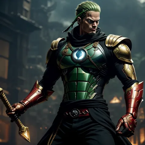 An incredibly detailed portrayal of Zoro from One Piece donning the iconic Iron Man suit, complete with a sleek, dark gold armor. The depiction captures Zoro in an ultra-realistic fashion, showcasing his muscular physique and unwavering determination. The ...