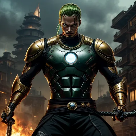 An incredibly detailed portrayal of Zoro from One Piece donning the iconic Iron Man suit, complete with a sleek, dark gold armor. The depiction captures Zoro in an ultra-realistic fashion, showcasing his muscular physique and unwavering determination. The ...