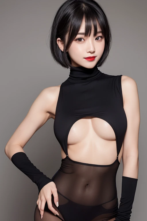 A cafe employee wearing a top and black pantyhose.、smiling girl, white hair,(shiny skin)bangs, bare shoulders, Black pants, , chest squeezed together, Cafe background, hair between eyes, Huge胸, short hair, show viewer, pants, parted lips, red eyes, shirt, ...