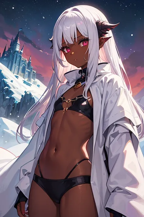 (Drowgirl), (flat chest),(Tanned), (dark brown skin), (two different eye colors purple and red), snow, mountains in the background, castle in the mountain, cold, snowflakes, long white hair, praise the blood moon, Black magician robe,