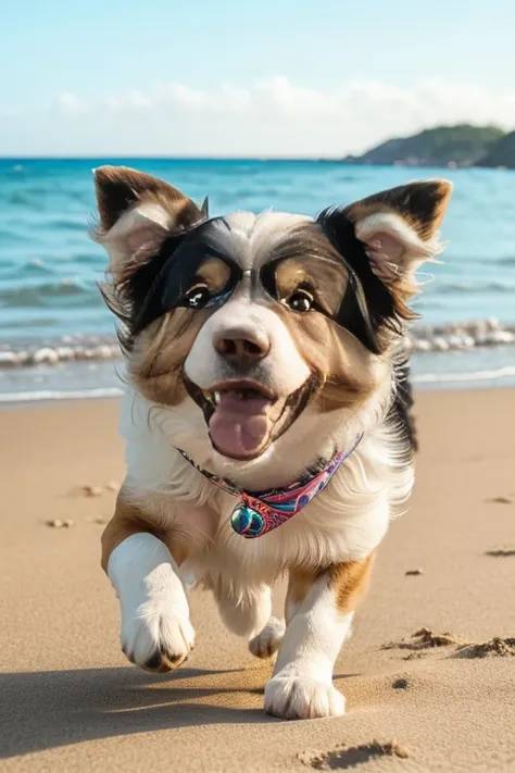 (((Puppy playing and running happily with a ball on the beach Collie or border collie dog ))). with very long hair and albino fur color, brincando com seus Brinquedos em um lindo quarto fofo,  Dog with an expression of happiness when he sees his owner, Cac...