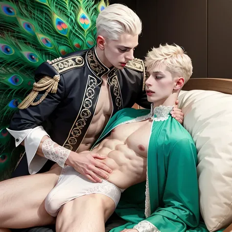 (evil albino lathy androgynous male, Peacock King, thin neck, frail shoulders, weak arms, flat chest, soft belly, curvy hips, male crotch, massive buttocks, depraved homosexual, cradle robber, queer, his victim catches and strangles him)