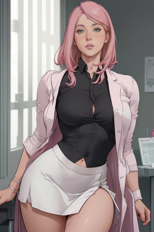 masterpiece, absurdres, sakura\(boruto\), 1girl, solo, mature woman, full body, upper body close up of a woman as a doctor, phot...