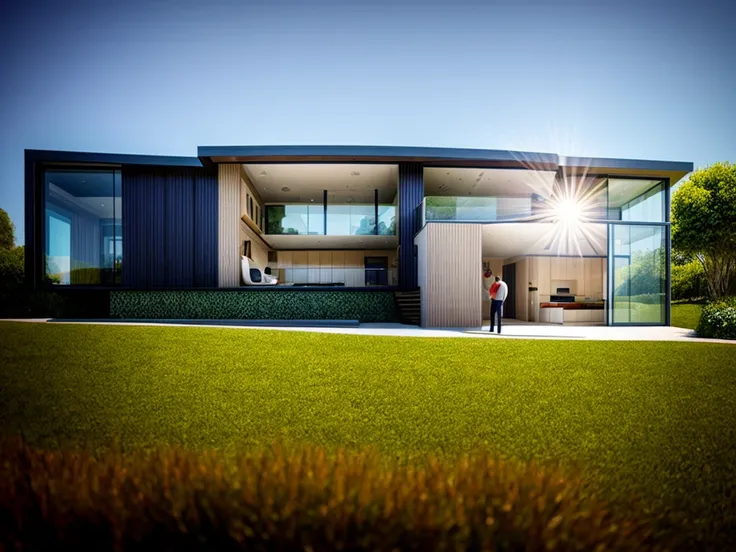 Modern Architecture House, In front of glass field and road, People Warking around, noon