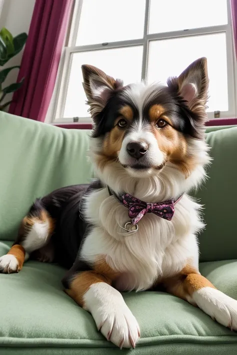 Crie uma Arte para uma capa de revista
 (((Puppy lying on a luxurious sofa, ao fundo  janelas enormes de vidro com cortinas, Urban jungle style decoration everywhere, Collie or border collie dog breed ))). with very long hair and albino fur color, brincand...