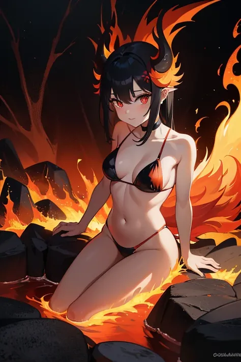 young girl, black hair, red eyes, small red horns, wearing a flaming swimsuit, in a lava biome, vibrant colors, bright lighting, extreme detail, colorful, masterpiece, NSFW, high res, flames, fire