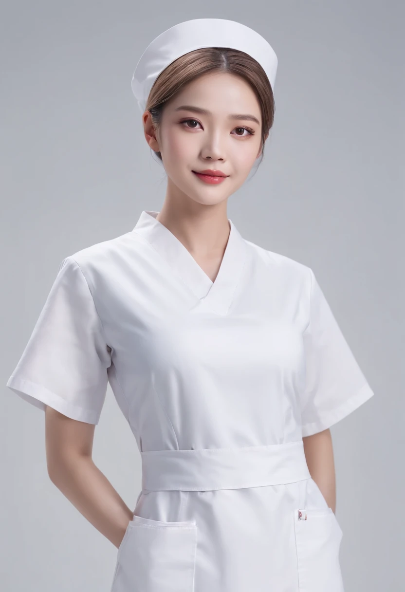 《AI role》。（（（Virtual character design：Heart doctor。female，20 years old，white short hair，Exquisite facial features，Beautiful makeup，Skin details，Smile）））。（（White technological nurse uniform））。((Super realistic details)), illumination, shadow and light, octa...