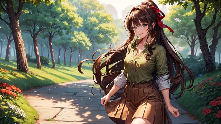 1girl, ((full body)), solo, village, trees, flowers, brown hair, long hair, curly hair, ponytail, blue eyes, large breasts, button down shirt, ((brown green shirt)), ((unbuttoned shirt)), ((short sleeved shirt)), red black skirt, smile, looking at the view...