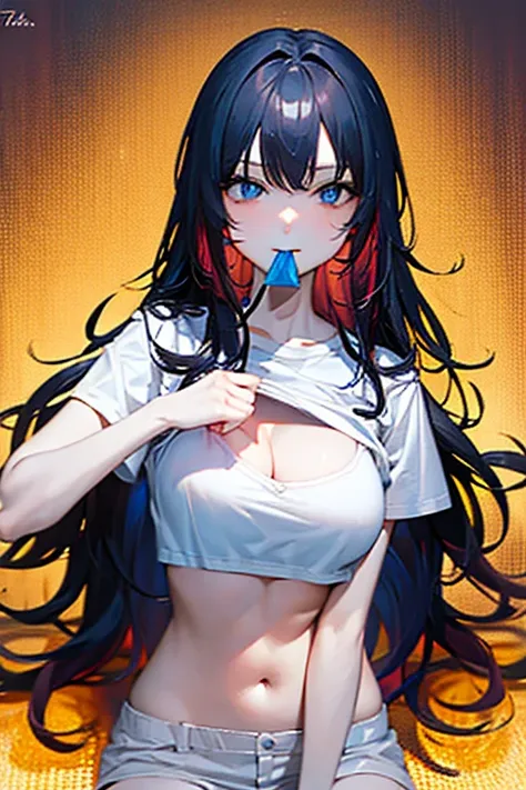 1girl, large breasts,clothes in mouth, cleavage, navel, t-shirt, ((bra)),clothes lift, shirt in mouth, black hair, blue eyes, long hair