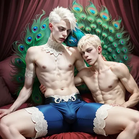 (evil albino lathy androgynous male, Peacock King, thin neck, frail shoulders, weak arms, flat chest, soft belly, curvy hips, male crotch, massive buttocks, depraved homosexual, cradle robber, queer, his victim strangles him)