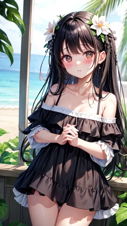 black hair、one cute girl、alone、and soul、flower garden、blush、white swimsuit、off shoulder、paleo