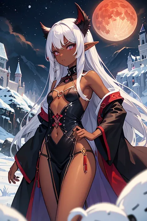 (Drowgirl), (flat chest),(Tanned), (dark brown skin), (two different eye colors purple and red), snow, mountains in the background, castle in the mountain, cold, snowflakes, long white hair, (big blood moon 1.5), Black magician robe, (long elf ears),(sad l...