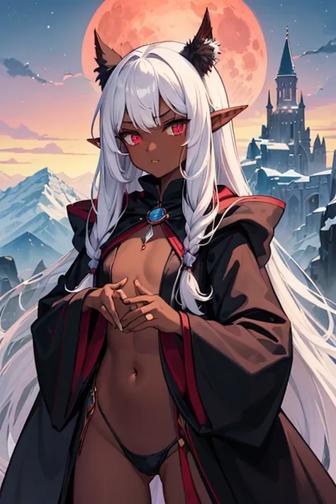 (Drowgirl), (flat chest),(Tanned), (dark brown skin), (two different eye colors purple and red), snow, mountains in the background, castle in the mountain, cold, snowflakes, long white hair, (big blood moon 1.5), Black magician robe, (long elf ears),(sad l...