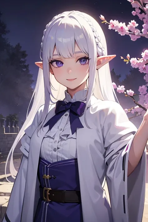 young elf girl, white hair, purple eyes, wearing a white and purple royal robe, outside of a mansion, day, realistic lighting, masterpiece, high detail, detailed eyes, detailed face, smiling gently, medieval anime art