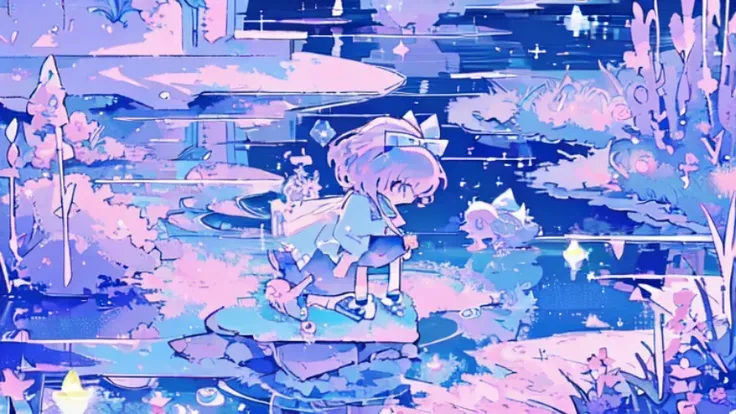 (eye to each other watch:1.1)，more tears falling down，，cry to river，kirisame_marisa wa cirno，（touhou project），(2girls:1.1)，Purple iris hair accessories，Background next to clear Lake Baikal、The river water is clear and transparent、There are ripples on the w...