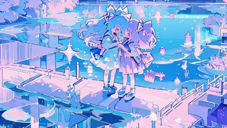 (eye to each other watch:1.1)，more tears falling down，，cry to river，kirisame_marisa wa cirno，（touhou project），(2girls:1.1)，Purple iris hair accessories，Background next to clear Lake Baikal、The river water is clear and transparent、There are ripples on the w...